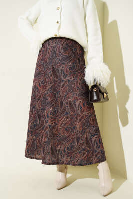 Pazarium - Paisley Desenli Kloş Etek Lacivert