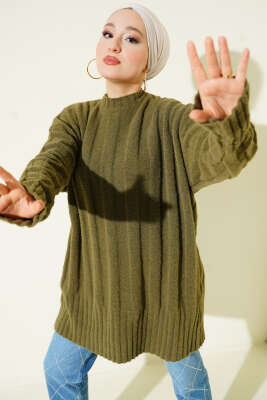 Pazarium - Geniş Fitilli Triko Yumoş Tunik Haki