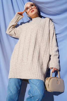 Pazarium - Geniş Fitilli Triko Yumoş Tunik Bej