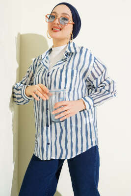 Pazarium - Asimetrik Dik Çizgili Gömlek Lacivert