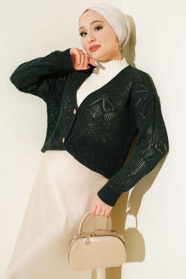 Pazarium - Çiçek Örgülü Düğmeli Triko Hırka Haki