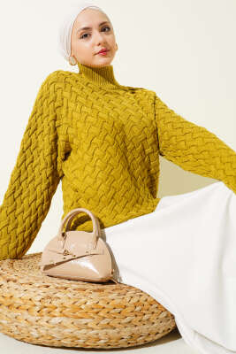 Pazarium - Kabartmalı Yarasa Kol Triko Kazak Yağ Yeşili