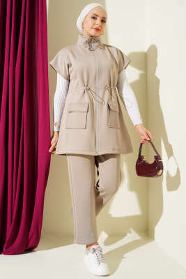 Pazarium - Scuba Bel Tünelli Yelekli İkili Takım Bej