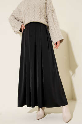 Pazarium - Geniş Pileli Saten Etek Siyah