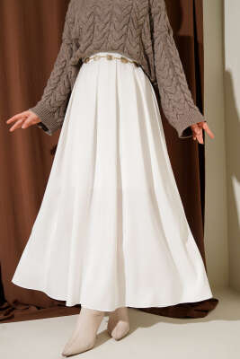 Pazarium - Geniş Pileli Saten Etek Beyaz