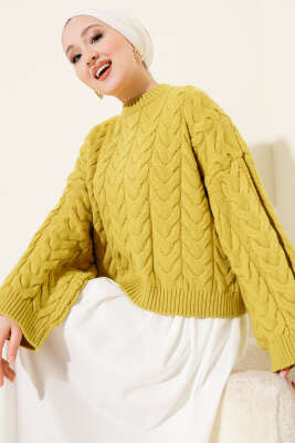 Pazarium - Örgülü Salaş Triko Kazak Yağ Yeşili