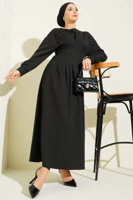 Pazarium - Bel Pensli Kuşaklı Dabıl Elbise Siyah