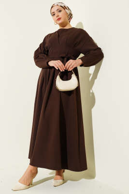 Pazarium - Bel Pensli Kuşaklı Dabıl Elbise Kahve