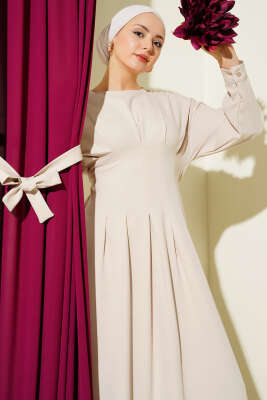 Pazarium - Bel Pensli Kuşaklı Dabıl Elbise Bej