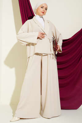 Pazarium - Yanı Bağlamalı Oversize Ceketli İkili Takım Taş