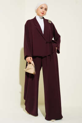 Pazarium - Yanı Bağlamalı Oversize Ceketli İkili Takım Mürdüm