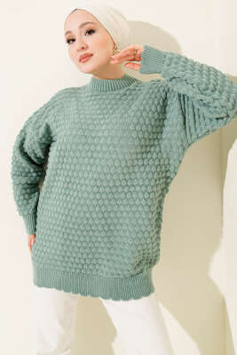 Pazarium - Popit Kabartmalı Triko Tunik Çağla Yeşili
