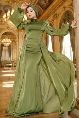 Pazarium - Bel Taşlı Pelerinli Abiye Elbise Haki