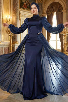 Pazarium - Bel Taşlı Pelerinli Abiye Elbise Lacivert