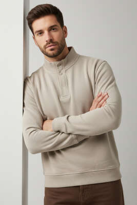 Pazarium - Dik Yaka Çıtçıtlı Erkek Sweatshirt Bej