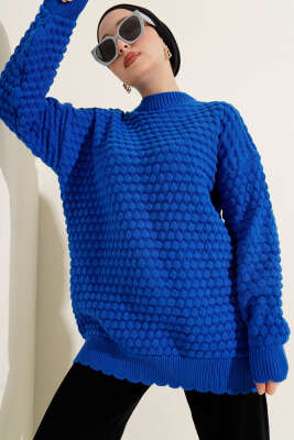 Popit Kabartmalı Triko Tunik Saks - Thumbnail