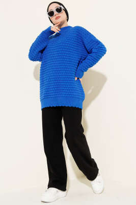 Popit Kabartmalı Triko Tunik Saks - Thumbnail