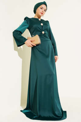 Pazarium - Gold Düğme Detaylı Saten Abiye Zümrüt