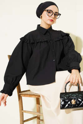 Pazarium - Fırfır Detaylı Kısa Gömlek Siyah