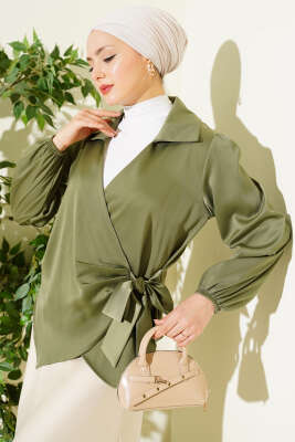 Pazarium - Yanı Bağlamalı Saten Bluz Çağla Yeşili