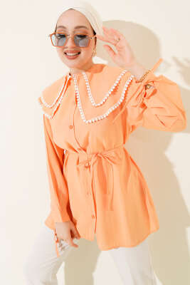 Pazarium - Güpürlü Çift Denizci Yaka Gömlek Oranj