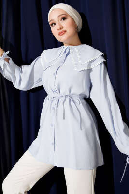 Pazarium - Güpürlü Çift Denizci Yaka Gömlek Bebe Mavi