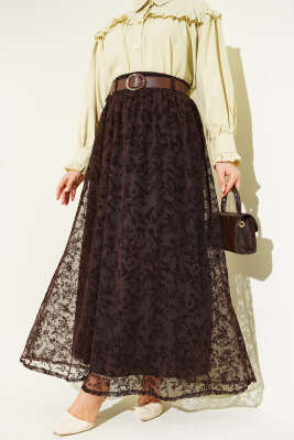 Pazarium - Bel Lastikli Tül Çiçekli Etek Kahve