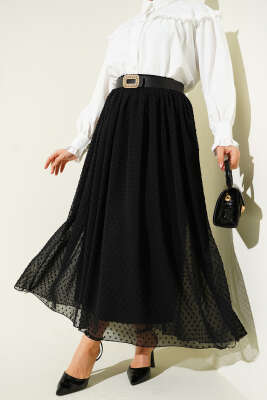 Pazarium - Bel Lastikli Şifon Kloş Etek Siyah