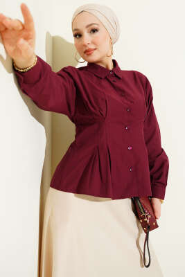 Pazarium - Bel Pens Detaylı Kısa Gömlek Bordo