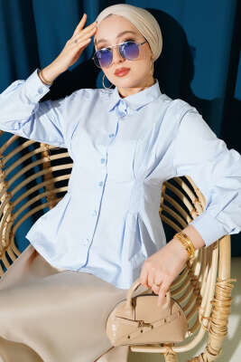 Pazarium - Bel Pens Detaylı Kısa Gömlek Bebe Mavi