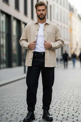 Oversize Çıtçıtlı Erkek Kot Gömlek Bej - Thumbnail