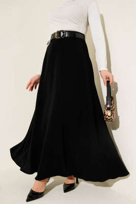 Pazarium - Kemerli Fermuarlı Basic Etek Siyah