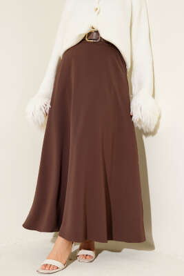 Pazarium - Kemerli Fermuarlı Basic Etek Kahve