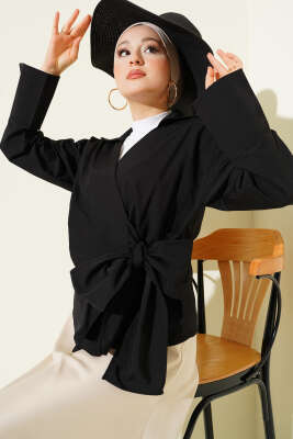 Pazarium - Yandan Bağlamalı Bluz Siyah