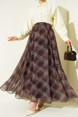 Pazarium - Yüksek Bel Lastikli Ekose Etek Camel