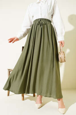 Pazarium - Yandan Cep Detaylı Kloş Etek Haki