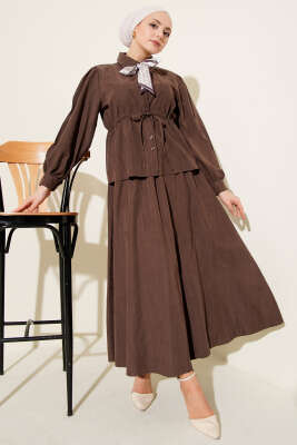 Pazarium - Bel Tünelli Fularlı Tensel Etekli Takım Kahve