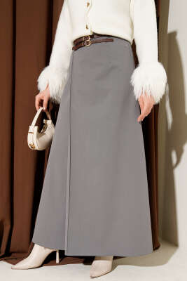 Pazarium - Çift Kemer Detaylı Etek Gri