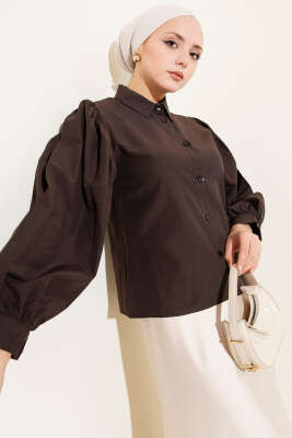 Pazarium - Balon Kol Kısa Gömlek Acı Kahve