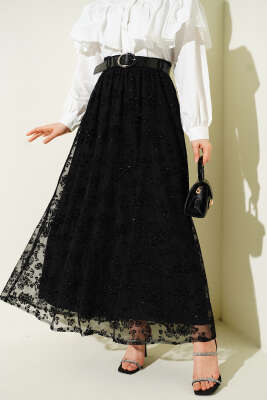 Pazarium - Kemerli Simli Kloş Tül Etek Siyah