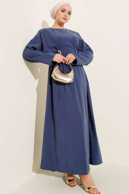 Pazarium - Gold Tokalı Pensli Tensel Elbise İndigo