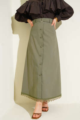 Pazarium - Etek Ucu Güpürlü Düğme Detaylı Etek Haki