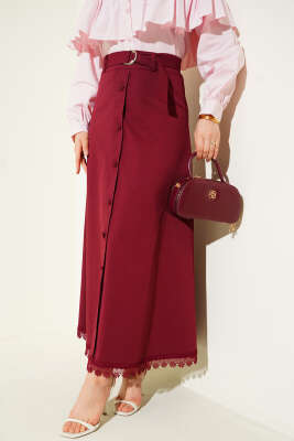 Pazarium - Etek Ucu Güpürlü Düğme Detaylı Etek Bordo