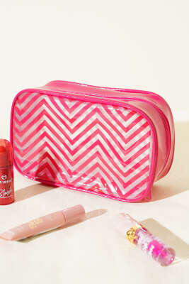 Pazarium - Fermuarlı Zigzag Desenli Kozmetik Çantası Fuşya