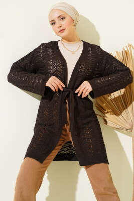 Pazarium - Zikzak Ajurlu Kuşaklı Triko Hırka Kahve