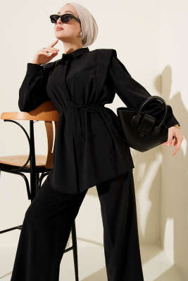 Pazarium - Omuz Parçalı İp Kuşaklı Tensel İkili Takım Siyah