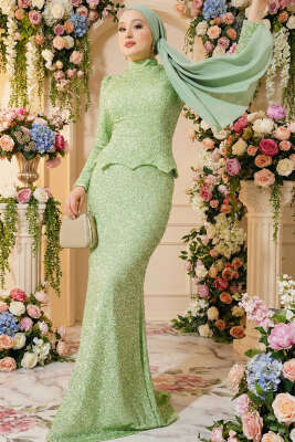 Pazarium - Taşlı Balık Model Abiye İkili Takım Fıstık Yeşili