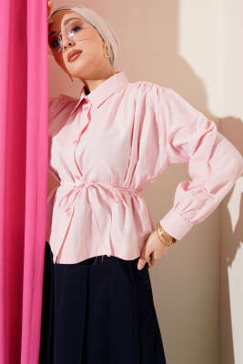Pazarium - Omuz Büzgülü Kuşaklı Kısa Gömlek Pembe