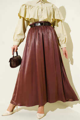 Pazarium - Bel Lastikli Kemerli Saten Etek Kahve