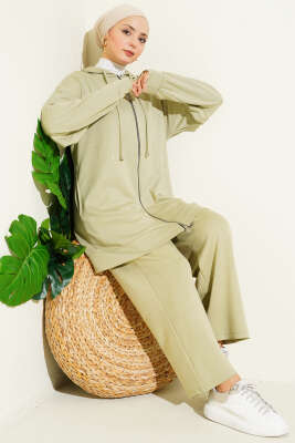 Pazarium - Loyşa Sim Detaylı Kapüşonlu İkili Takım Çağla Yeşili